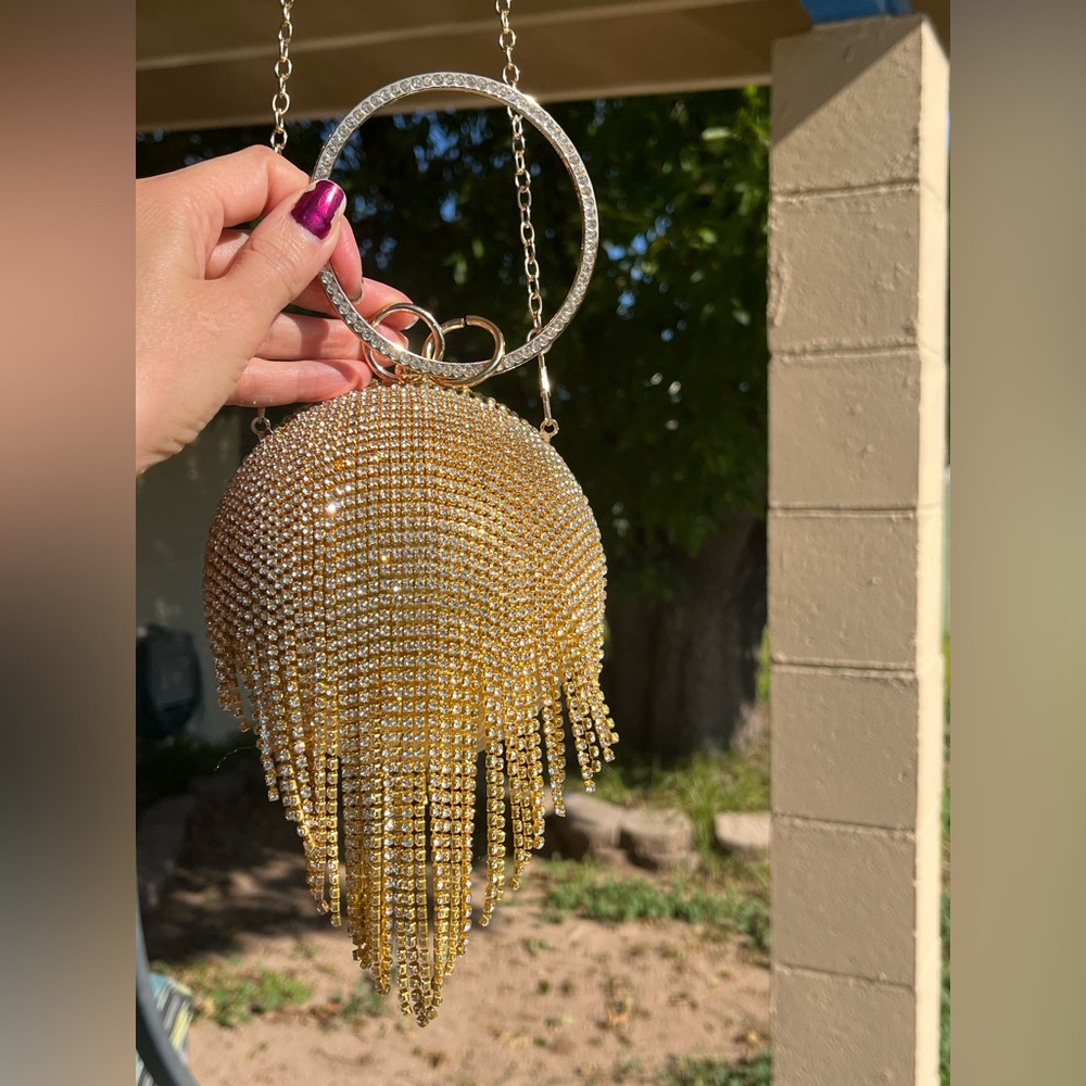 Rhinestone gold ball evening purse with tassels & ring handle. Holiday party. - Picture 5 of 9